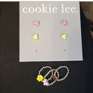 Cookie Lee Children teen‎ flower kitty cat heart necklace rings earings siliver